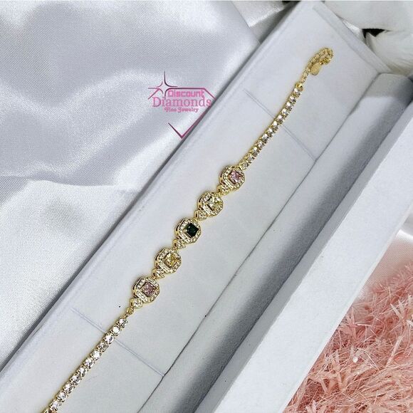 Green, Pink, & White Topaz Tennis Bracelet on Platinum - Stamped PT 950 … - Picture 7 of 8